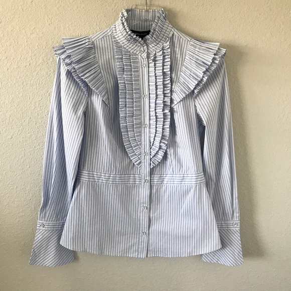 Karen Millen Pleated Striped Ruffle US 6/UK 10 Long Sleeve Button Up Shirt NWOT - Picture 3 of 12